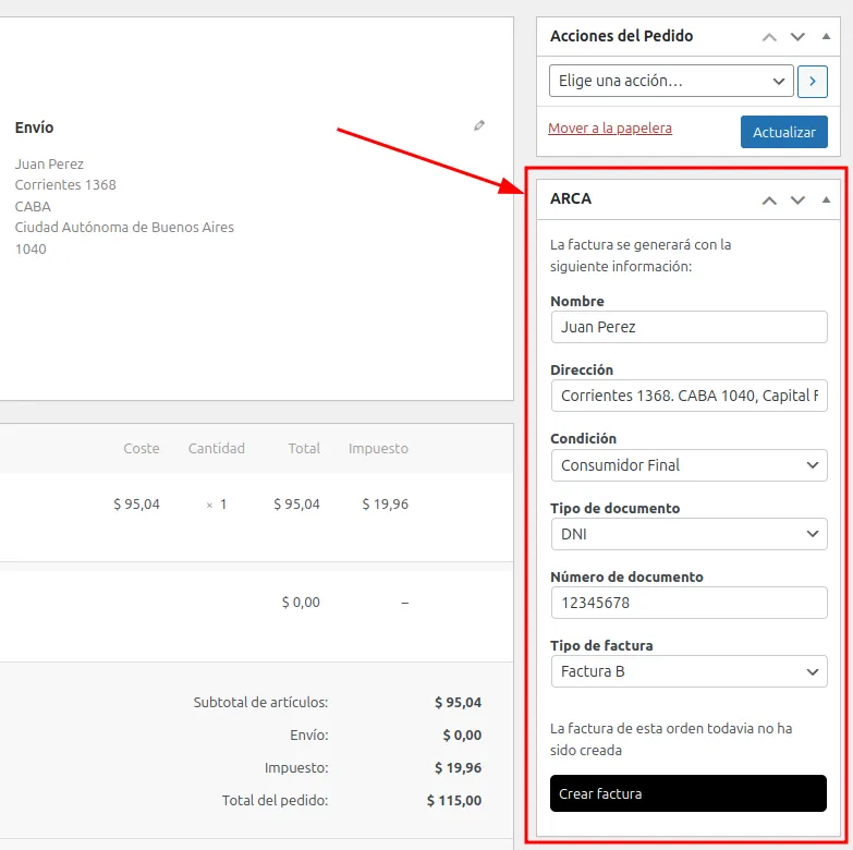 ARCA en los detalles de una orden