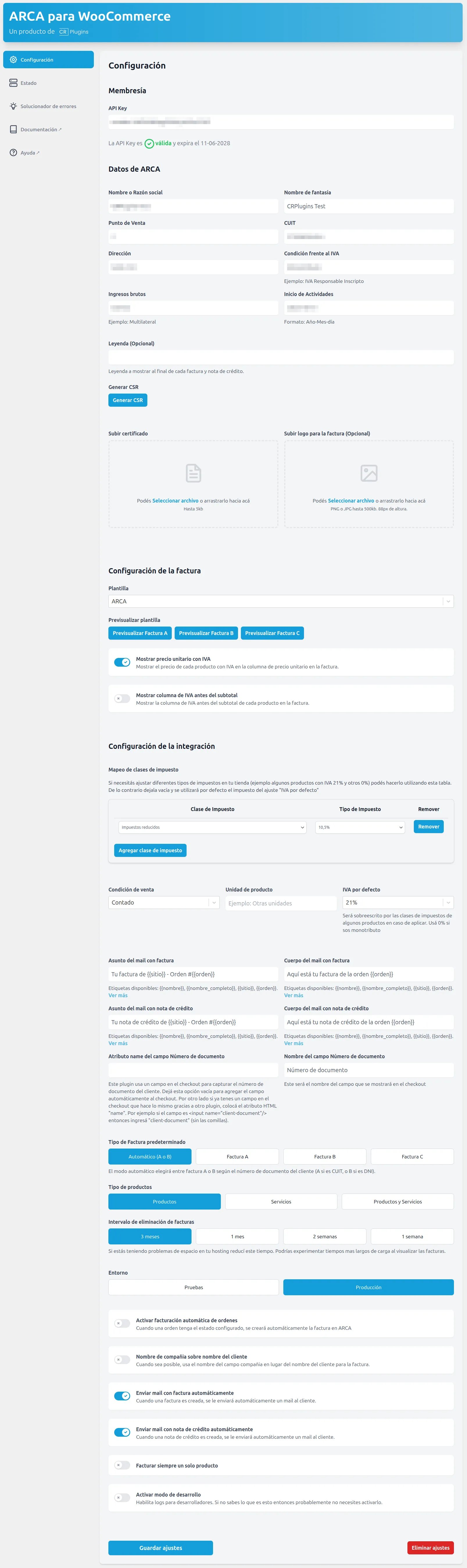 Ejemplo de configuración de Responsable Inscripto con distintos impuestos