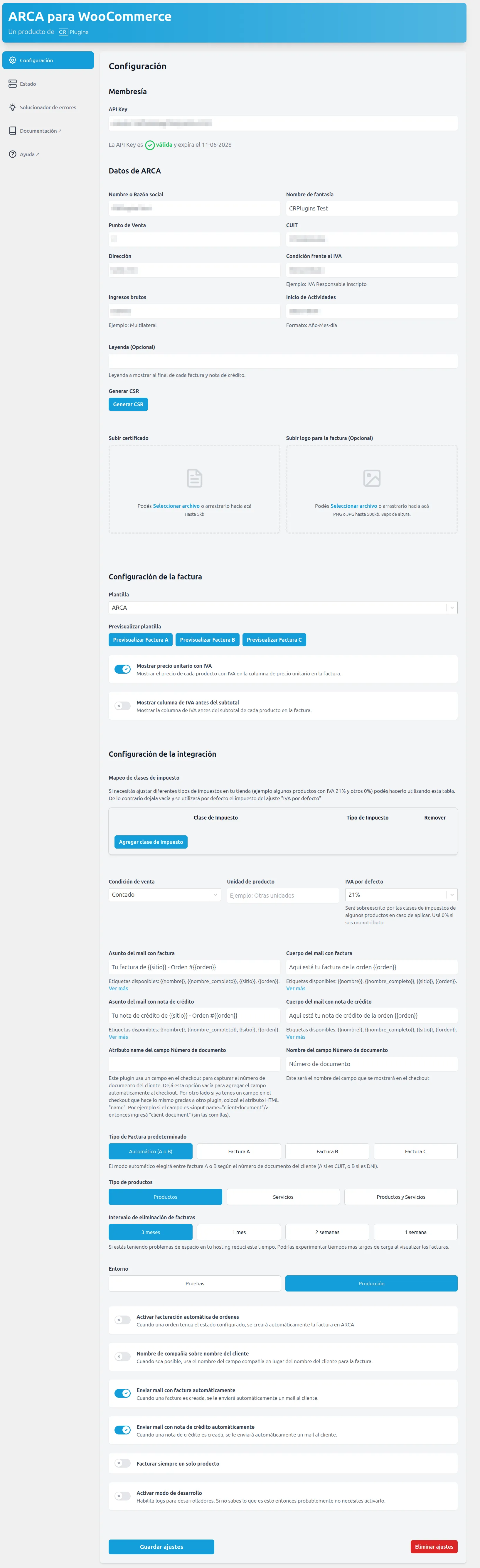 Ejemplo de configuración de Responsable Inscripto