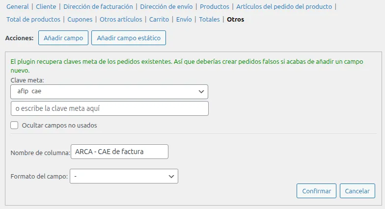 Configuración de exportación de pedidos